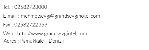 Grand Sevgi Otel telefon numaralar, faks, e-mail, posta adresi ve iletiim bilgileri